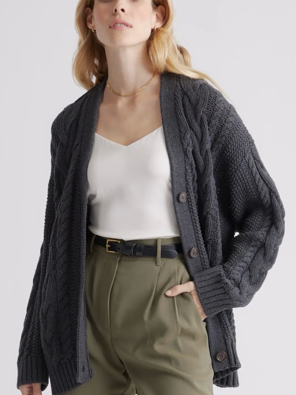 Quince Women’s Charcoal Oversized Cable Knit Organic Cotton Cardigan - Small